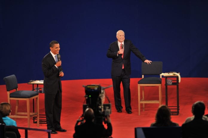 Senators Barack Obama and John McCain on the stage for the 2008 Town Hall Presidential Debate