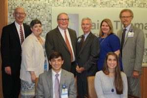 (L to R) Dean of College of Pharmacy Dr. Phil Johnston, Chair of the Department of Pharmacy Practice Dr. Cathy Ficzere, Executive Director of the Christy-Houston Foundation Mr. Bob Mifflin, President and CEO of St. Thomas Rutherford Hospital Gordon B. Ferguson, Residency Director at St. Thomas Rutherford Dr. Amy Hodgin, Director of Pharmacy at St. Thomas Rutherford John Farringer, and the inaugural residents, Dr. Nick Brakefield and Maggie Goodman (Belmont COP ‘15).