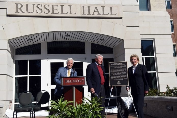 Anne and Joseph Russell celebrate with their family as Russell Hall is dedicated on the Belmont University campus in Nashville, Tenn. November 16, 2016.