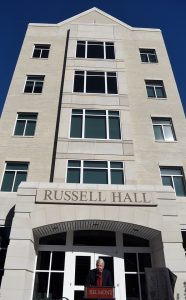 Anne and Joseph Russell celebrate with their family as Russell Hall is dedicated on the Belmont University campus in Nashville, Tenn. November 16, 2016.