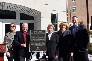 Anne and Joseph Russell celebrate with their family as Russell Hall is dedicated on the Belmont University campus in Nashville, Tenn. November 16, 2016.