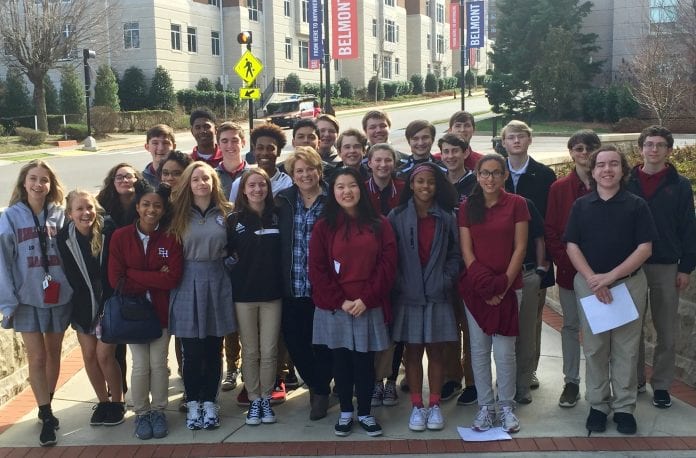 Students pose for a photo while visiting Belmont's campus