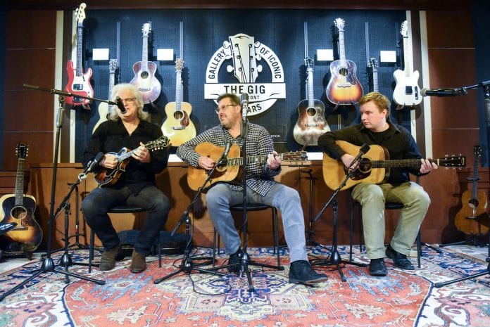 Ricky Skaggs, Vince Gill and Belmont student Ben Valine, perform during the grand opening of the Gallery of Iconic Guitars at Belmont University in Nashville, Tenn. April 25, 2017.