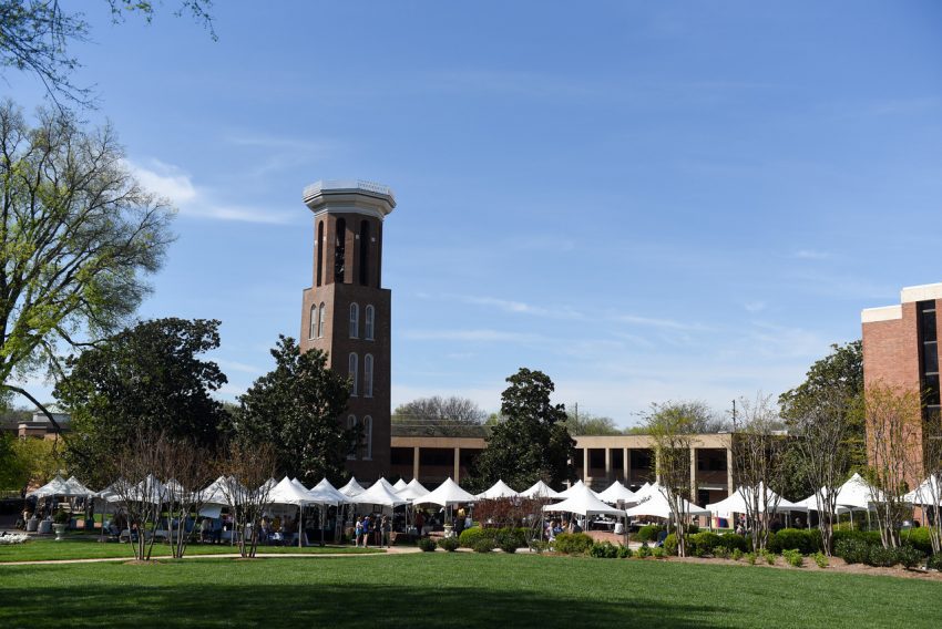 Booths set up by the Bell Tower for Entrepreneurship Village
