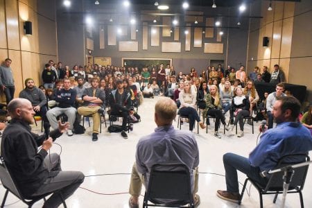 Troy Tomlinson and Josh Van Valkenburg speak to students at Columbia Studio A at Belmont University in Nashville, Tenn. September 13, 2017.