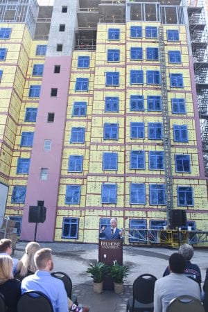 Dr. Fisher speaks during the celebration "topping out" of the new Hall Hall dorm at Belmont University in Nashville, Tenn. October 20, 2017.