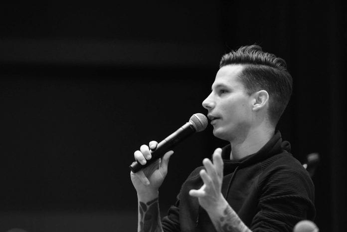 Devin Dawson Seminar speaks and performs at Belmont University in Nashville, Tennessee, January 26, 2018.