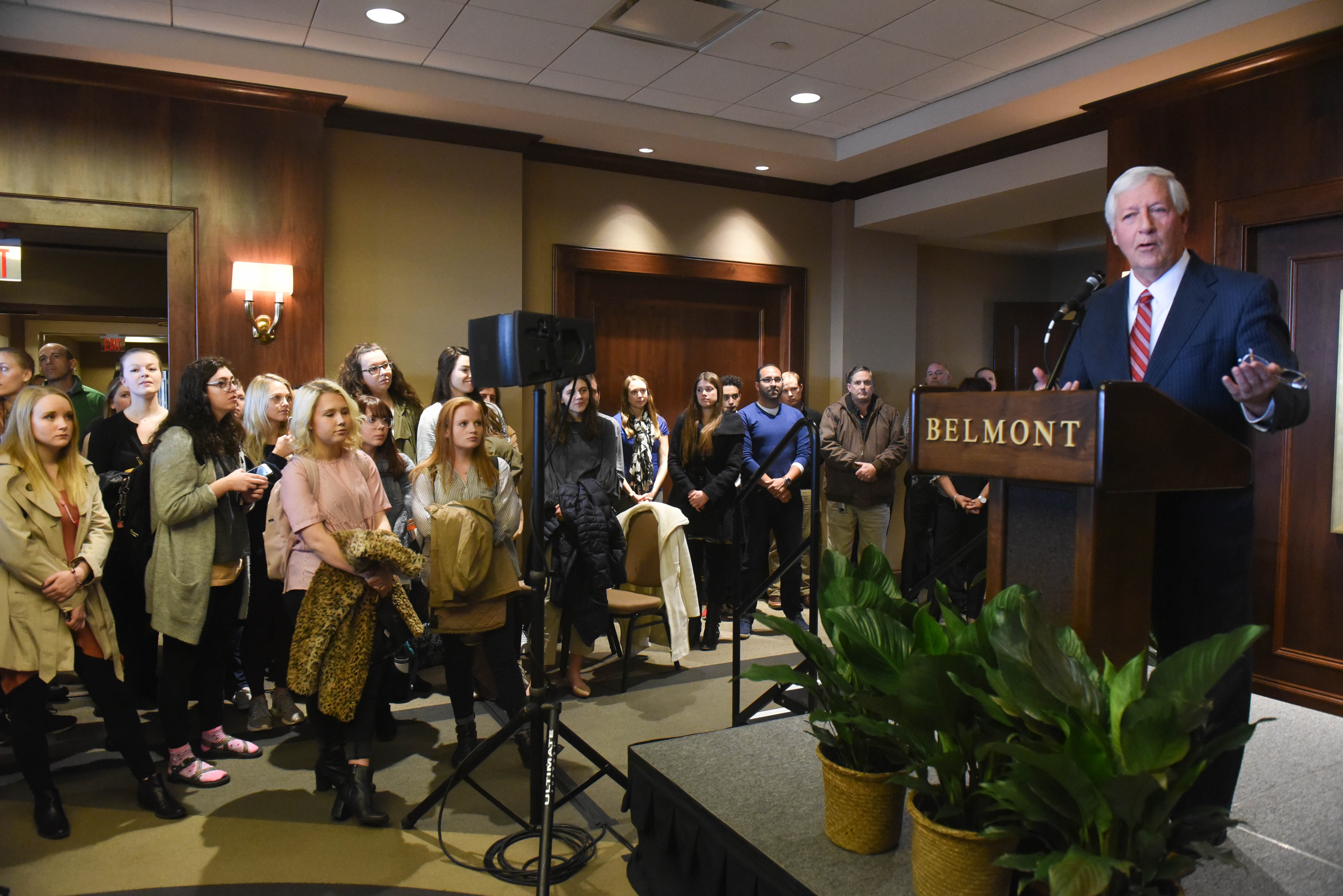 Dr. Bob Fisher makes the announcement that Belmont is acquiring Franklin-based OÕMore College of Design, bringing new programs in fashion and interior design, as well as fashion merchandising, to this campus in an announcement by Shari Fox and Dr. Bob Fisher at Belmont University Nashville, Tennessee, February 13, 2018.