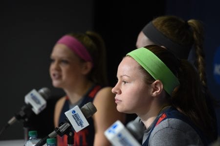 Three Belmont Bruins sit at the Friday afternoon press conference. 