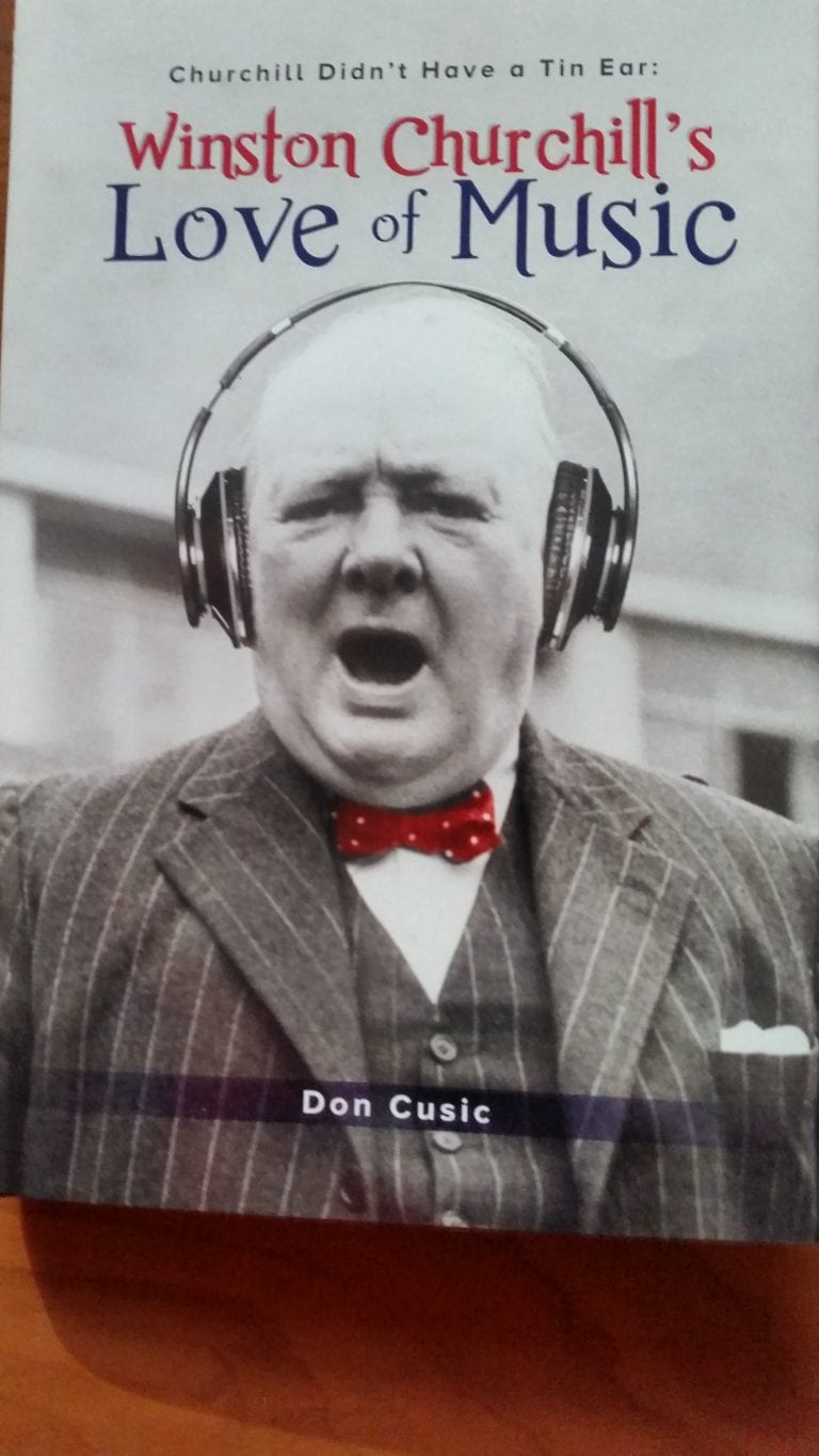 book cover, picture of Winston Churchill wearing headphones