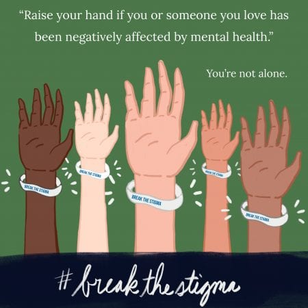 graphic of hands raised with bracelets that read "break the stigma"