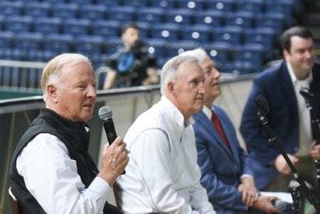 Davis Cup panel including (l-r) J. Wayne Richmond, Coach Rick Byrd, Dr. Bob Fisher and Dr. Ted Peetz at Belmont University Nashville, Tennessee, April 2, 2018.