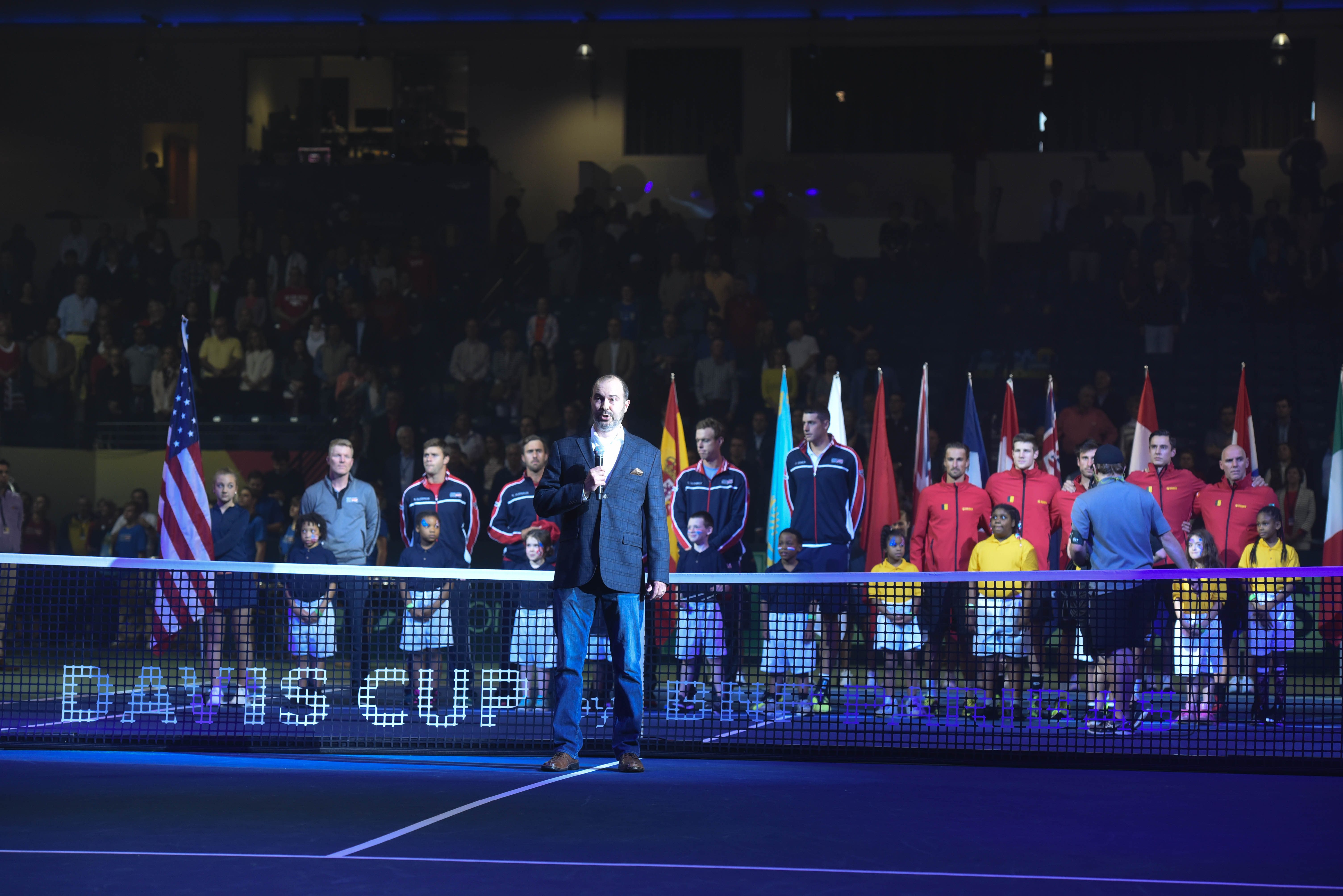 Mark Whatley performs the National Anthem at the Davis Cup on Friday night