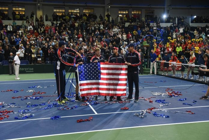 USA's Jack Sock and Ryan Harrison beat Belgian's Sander Gille and Joran Vliegen 5-7, 7-6 (1), 7-6 (3), 6-4 in the Curb Event Center at Belmont University in Nashville, Tennessee, April 7, 2018.