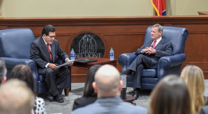 Supreme Court Chief Justice John Roberts speaks at Belmont University in Nashville, Tennessee, February 6, 2019.