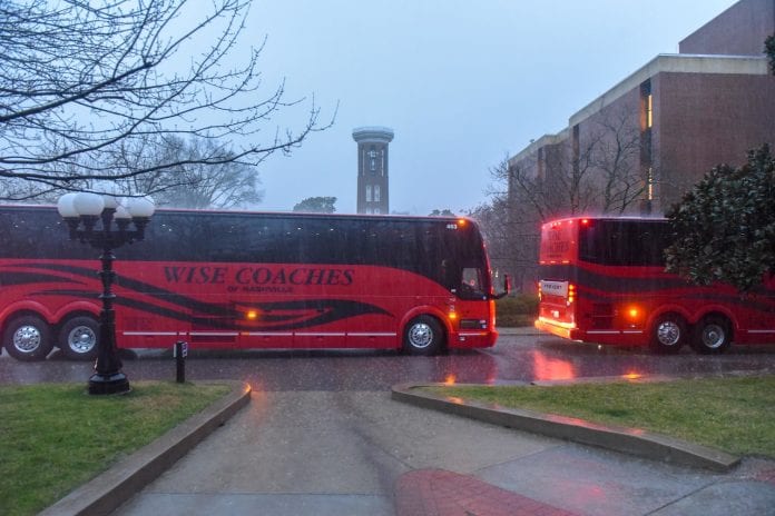 Amazon provided buses for Belmont students to attend a recruiting event in downtown Nashville (February 6, 2019).