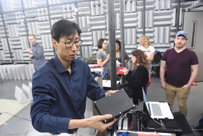 Dr. Doyuen Ko and students work in the anechoic room at Belmont University in Nashville, Tennessee.