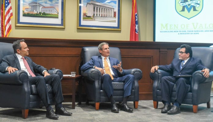Kentucky Governor Matt Bevin and Tennessee Governor Bill Lee will discuss state-level criminal justice reform, in a policy conversation moderated by former Attorney General Alberto Gonzales at Belmont University in Nashville, Tennessee, April 17, 2019.