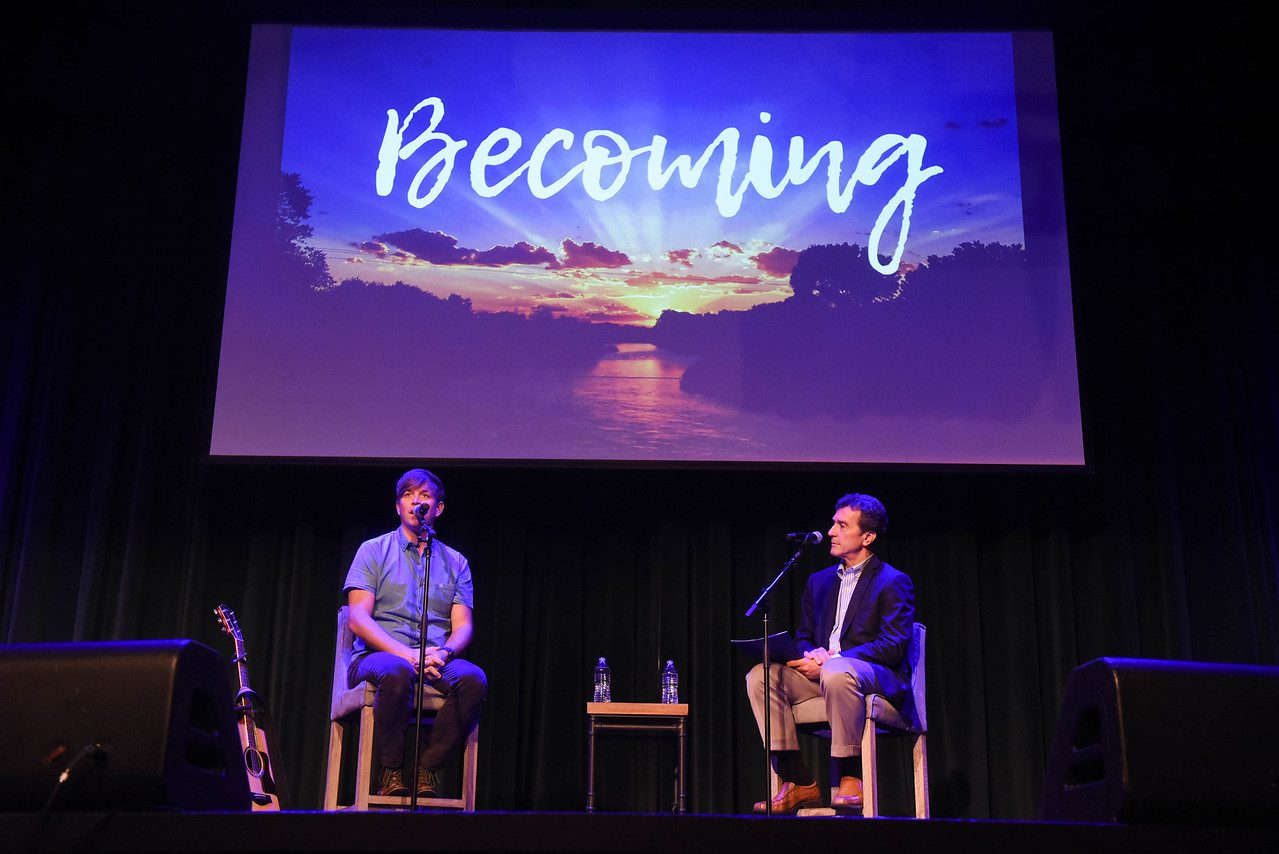 Dave Barnes with Dr. Todd Lake in Chapel at Belmont University in Nashville, Tennessee, September 11, 2019.