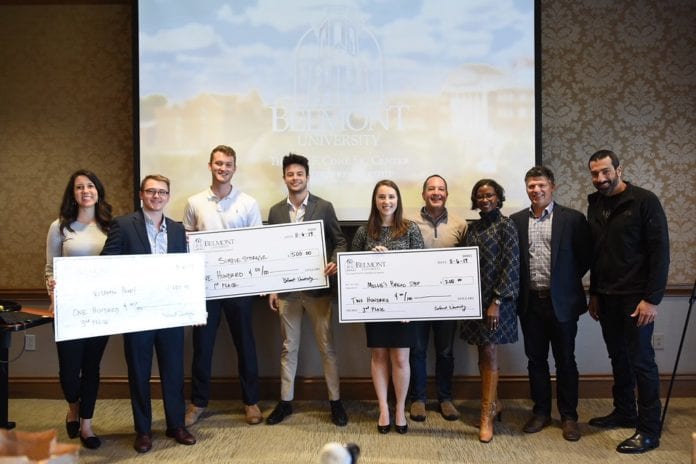 Winners and judges of Belmont University's 2019 Business Pitch Competition