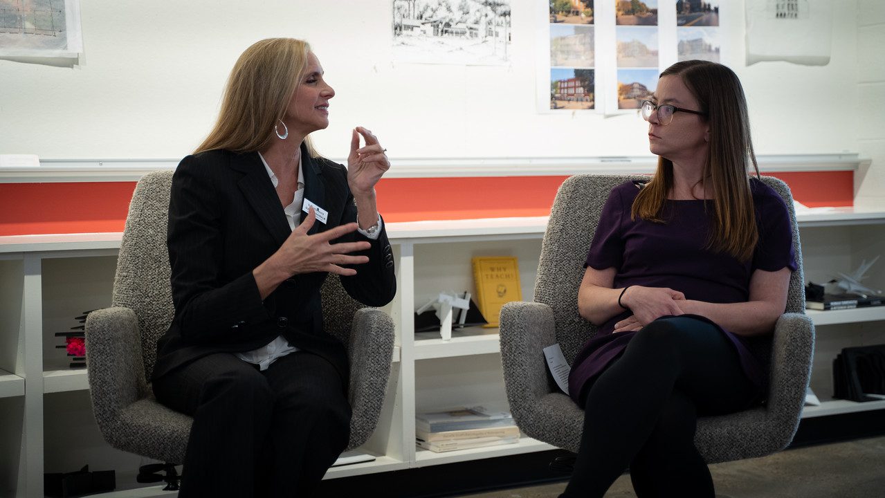 Rosanbalm (left) discusses Design for Inclusion with Jaconson (right)