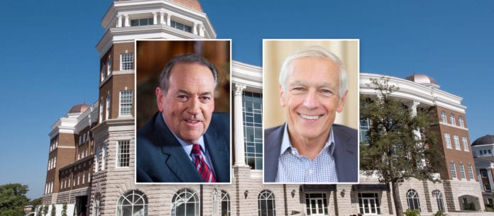 Headshots of Huckabee and Clark over campus building