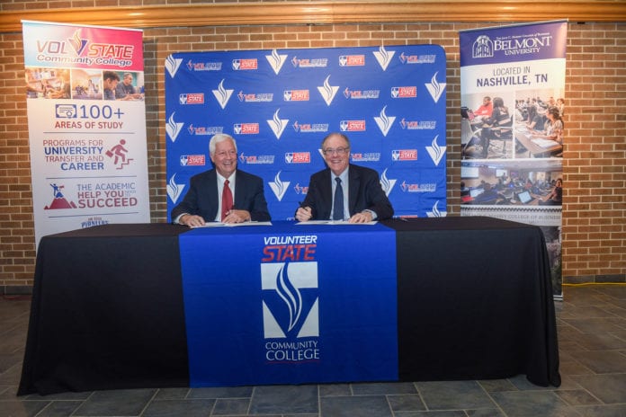 Dr. Bob Fisher, President of Belmont University and Dr. Jerry Faulkner, Vol State Community College sign an articulation agreement between Belmont and Vol State at Vol State Community College in Gallatin, Tennessee, February 4, 2020.