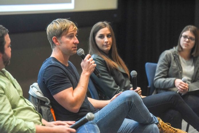 Ashley Gorley, Blaine Rhodes and Kelly Bolton speak to Curb students