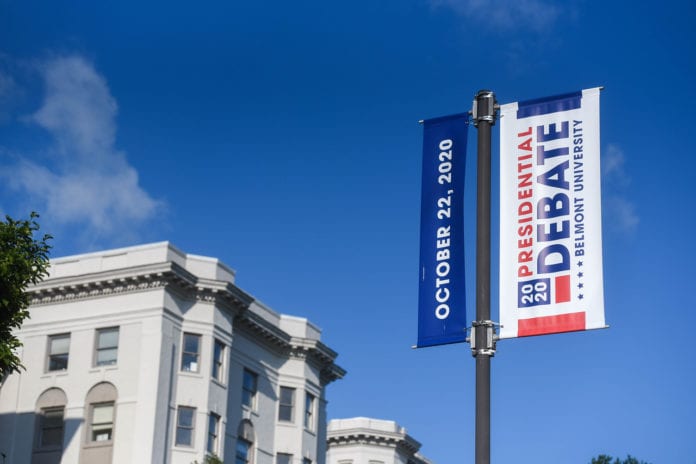 Belmont has new debate 2020 signs up around campus at Belmont University in Nashville, Tennessee, May 29, 2020.
