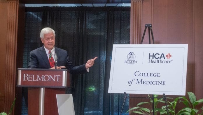 Belmont President Dr. Bob Fisher speaks during an announcement that Belmont University intends to start a new College of Medicine in partnership with one of the nation’s leading healthcare providers, HCA Healthcare at Belmont University in Nashville, Tennessee, October 15, 2020.