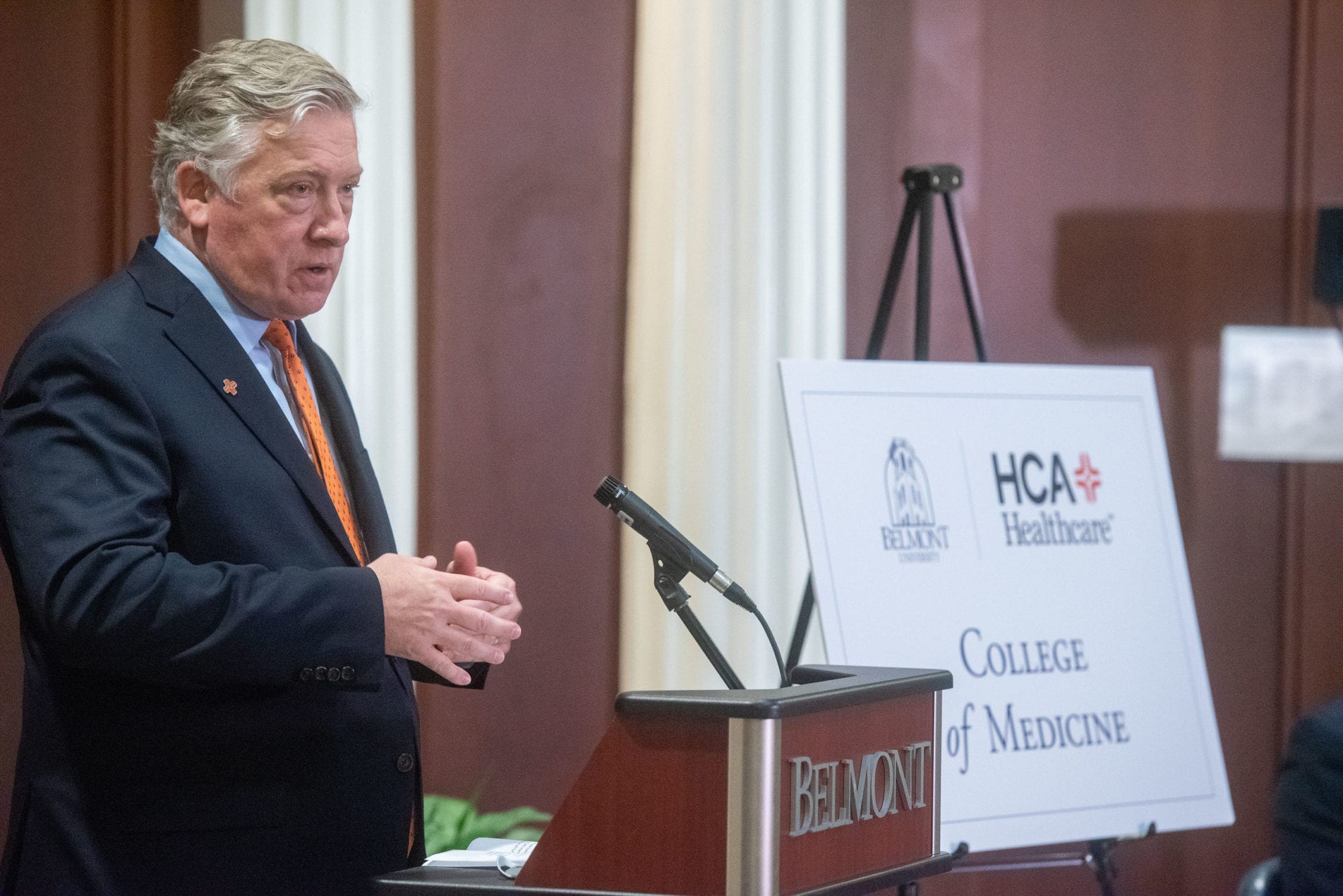 President of the Physician Services Group for Nashville, Tennessee-based, HCA Healthcare, Dr. Michael Cuffe speaks during Belmont's College of Medicine press conference announcement.