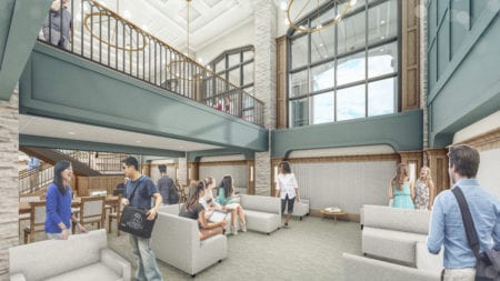 Rendering of new residence hall two-story lobby