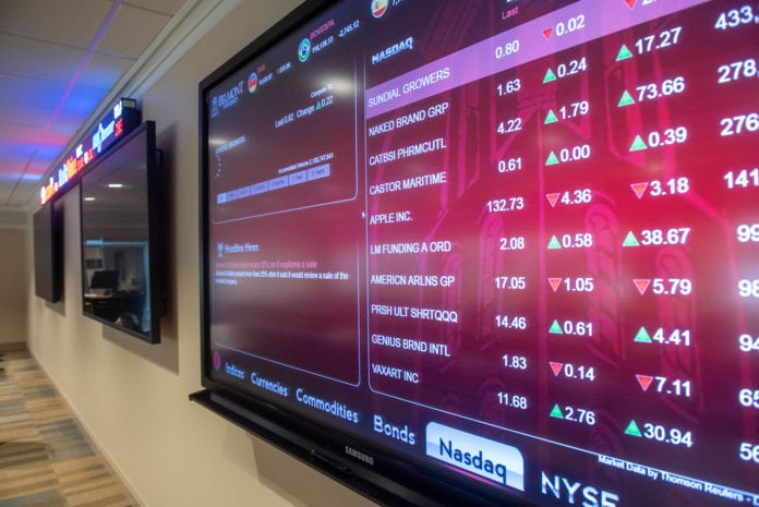 The stock ticker in the Trading Room