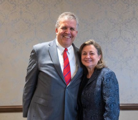 Dr. Gregory Jones and Rev. Susan Pendleton Jones pose for a picture after the press conference to officially introduce Them at Belmont University in Nashville, Tennessee, February 2, 2021.