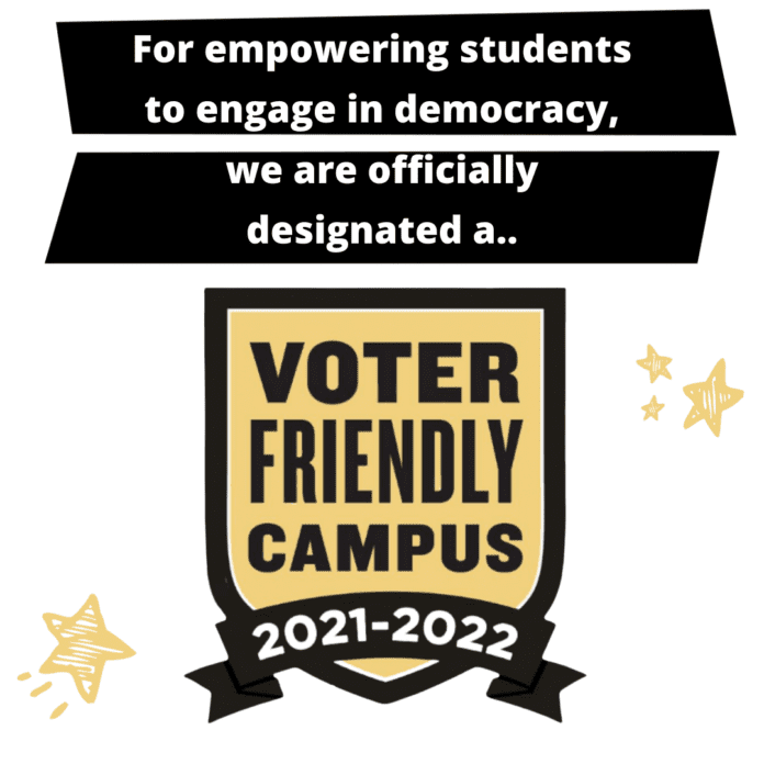 For empowering students to engage in democracy, we are officially designated a voter friendly campus 2021-22
