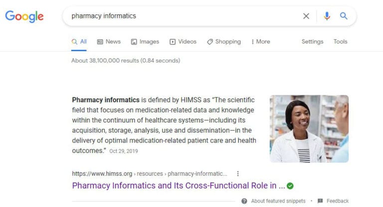 Blash’s Article No. 1 Promoted Search Result on Google for Pharmacy Informatics