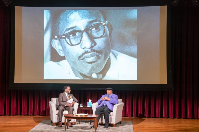 Belmont + Fisk Social Justice Collaborative BHM Launch Reception Dr. Layfayette speaks with Lelan Statom on stage