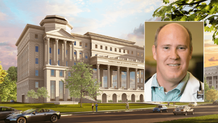 Dr. Morgan Wills superimposed on rendering of Frist College of Medicine building