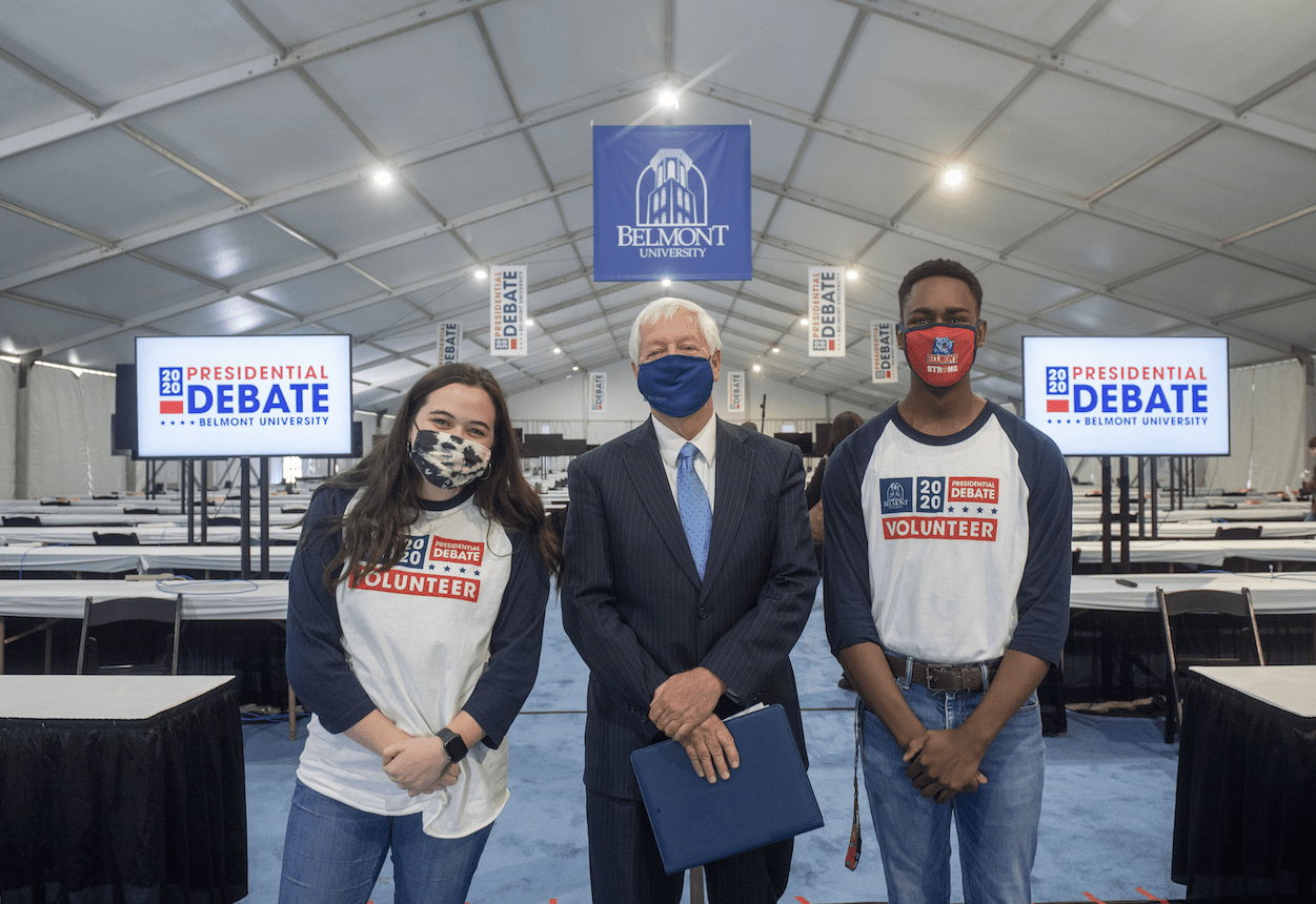 Keidron Turner poses with former Belmont President Fisher and Molly Deakins after the Debate 2020 Press Conference at Belmont University in Nashville, Tennessee, October 16, 2020.